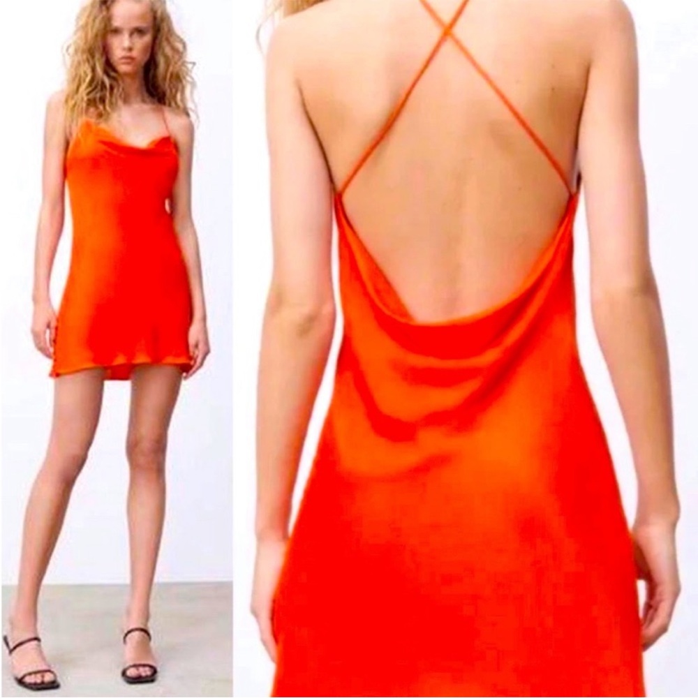 ZARA Orange-Red Open Back Satin Mini Dress